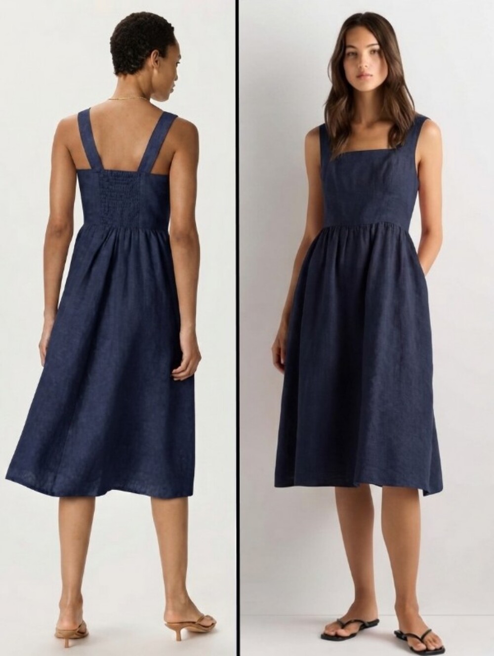 NEW Quince 100% European Linen Fit & Flare Midi Dress Deep Navy Blue Size S